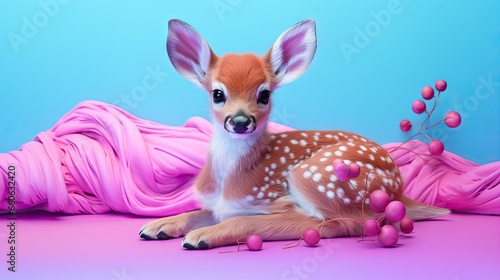  a baby deer laying on top of a pink sheet covered ground. generative ai