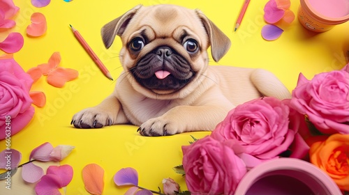 a pug dog laying on a yellow background surrounded by pink flowers.  generative ai © Jevjenijs