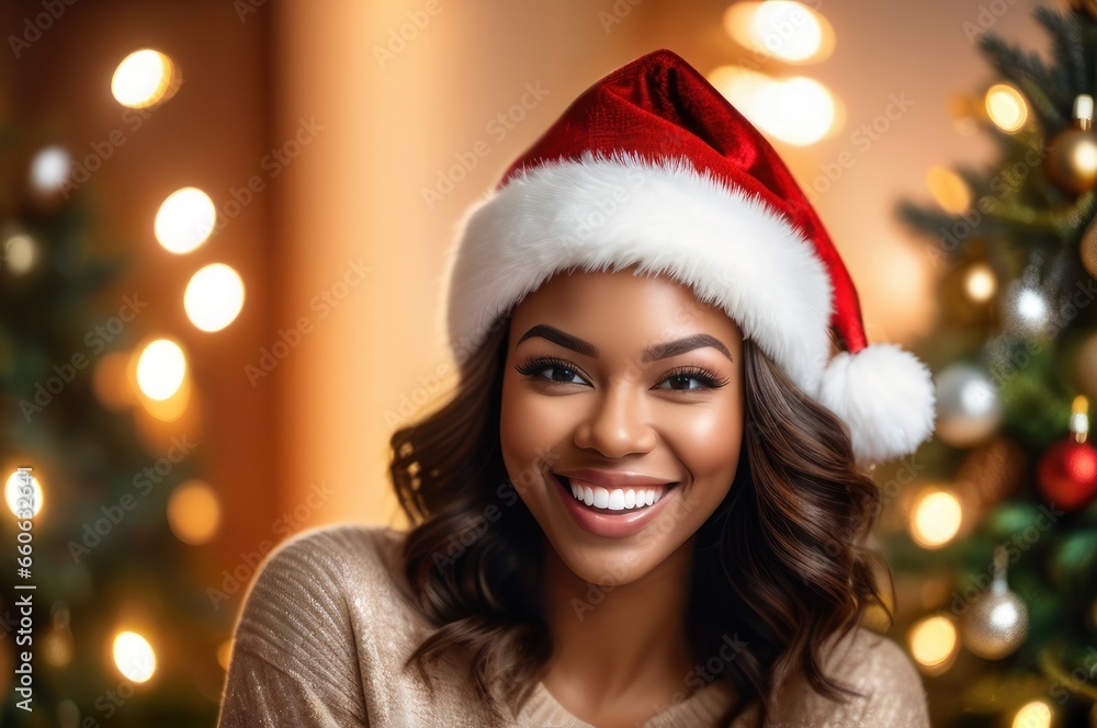 Close Up portrait smiling happy African American female laughing, looking at camera, posing on Christmas tree background at home, blogger shooting vlog, having fun Close Up portrait smiling happy African American female laughing, looking at camera, posing on Christmas tree background at home, blogger shooting vlog, having fun