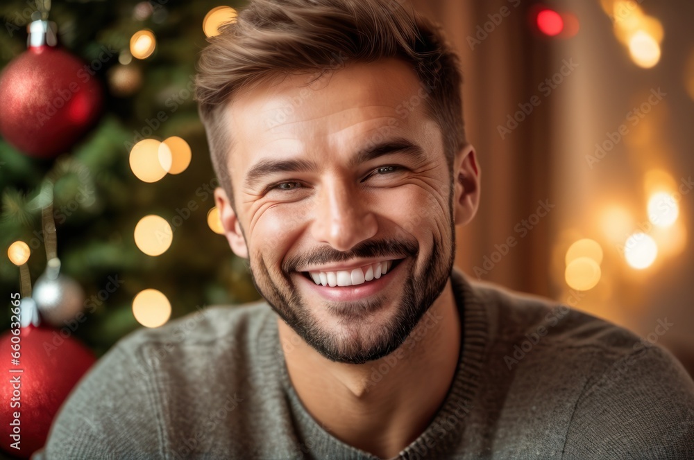 Close up portrait of happy young Caucasian man look at camera celebrate New Year in cozy home. Overjoyed excited millennial male have fun enjoy Christmas winter holidays, greeting or congratulating. Close up portrait of happy young Caucasian man look at camera celebrate New Year in cozy home. Overjoyed excited millennial male have fun enjoy Christmas winter holidays, greeting or congratulating.