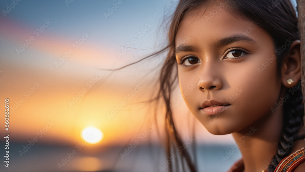Portrait of a young girl with a radiant smile, set against a golden sunset, portraying the joy and purity of youth. Perfect for family and happiness-themed content. Portrait of a young girl with a radiant smile, set against a golden sunset, portraying the joy and purity of youth. Perfect for family and happiness-themed content.