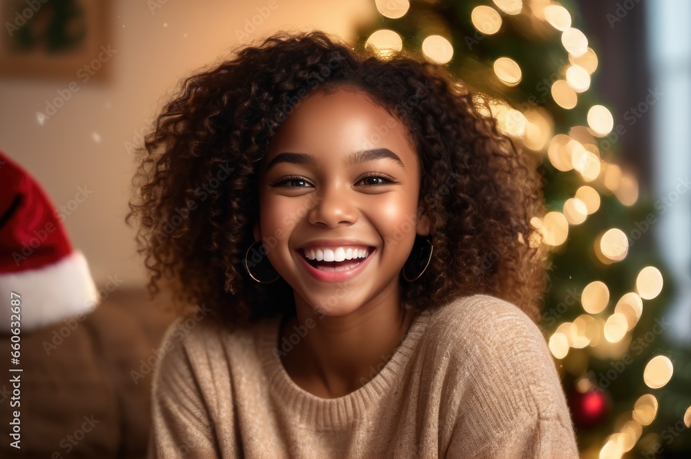 Medium shot portrait optimistic happy African American beautiful girl laughing, looking at camera, posing on Christmas tree background at home, blogger shooting vlog Medium shot portrait optimistic happy African American beautiful girl laughing, looking at camera, posing on Christmas tree background at home, blogger shooting vlog
