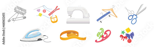 Different Sewing Tools and Equipment for Dressmaking Vector Set