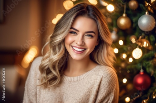 Close up portrait of overjoyed young Caucasian woman have fun laugh and joke enjoying Christmas winter holidays at home. Excited millennial female feel playful positive and joyful, celebrate New Year. © useful pictures