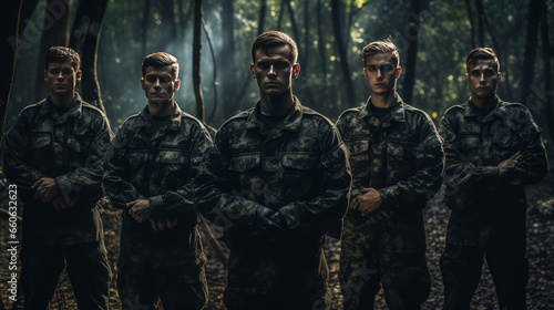 Group of young soldiers in military uniform standing in a forest.generative ai © LomaPari2021