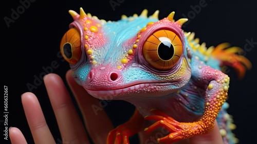  a close up of a person holding a toy lizard in their hand.  generative ai
