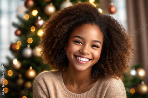 Medium shot portrait optimistic happy African American beautiful girl laughing, looking at camera, posing on Christmas tree background at home, blogger shooting vlog