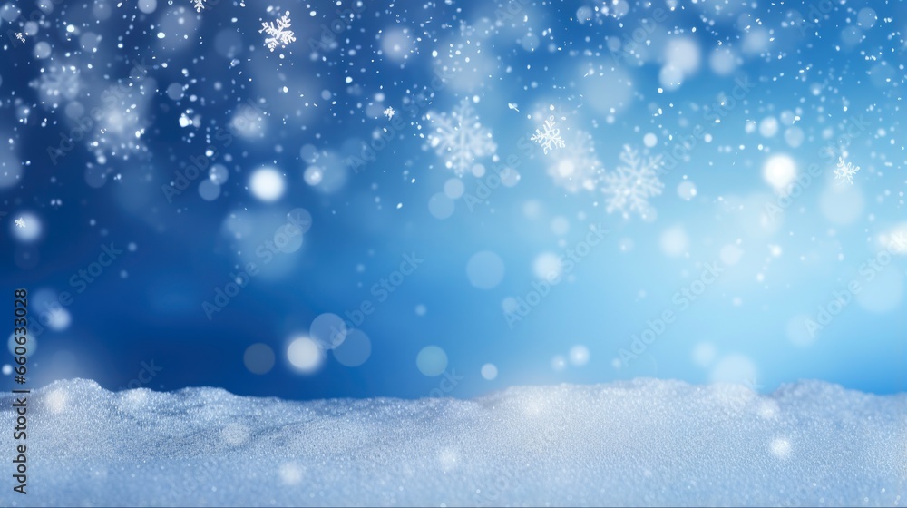Blue Snow Background. Christmas Winter Night with Beautiful Snowflakes and Calm Blurred Bokeh. Perfect for Greeting Cards and Winter-themed Designs.
