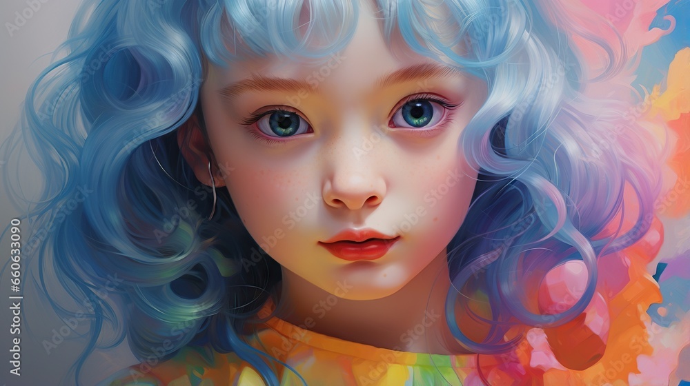  a digital painting of a little girl with blue hair and blue eyes.  generative ai
