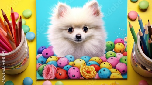  a picture of a small white dog surrounded by colored eggs. generative ai