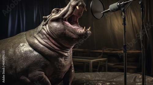  a hippopotamus with its mouth open in front of a microphone.  generative ai © Jevjenijs