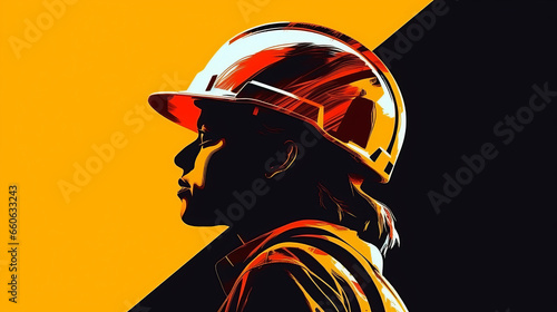 Silhouette of happy construction worker in helmets, flat vector.generative ai photo