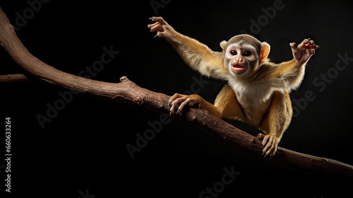  a small monkey sitting on top of a tree branch with its arms in the air.  generative ai