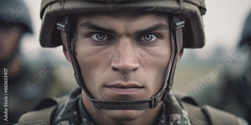 Portrait of a European army soldier in the ranks with selective focus, human enhanced. © LomaPari2021