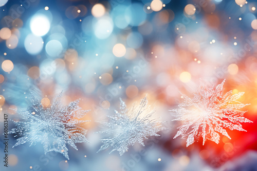 Beautiful Christmas background with bright flowers  snowflakes and bokeh effect.
