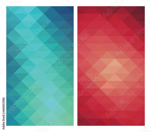 Set of two vertical geometric gradient banners, pink and blue triangle mosaic crystal effect backgrounds