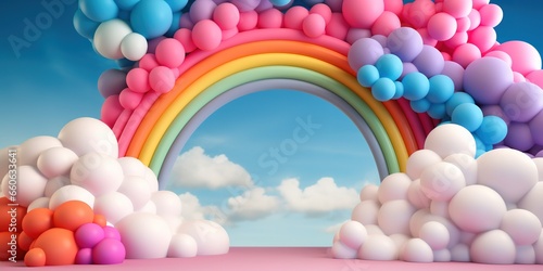 Generative AI, rainbow and colorful balloons. Birthday party 3d background. Mockup, template for greetiing card	
