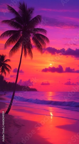 sunset on the beach, sunset over the sea, tropical sunset with trees © Gegham