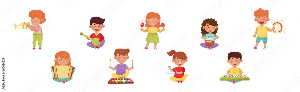 Funny Kid Characters Playing Musical Instruments at Music Lesson Vector Set Funny Kid Characters Playing Musical Instruments at Music Lesson Vector Set