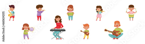 Funny Kid Characters Playing Musical Instruments at Music Lesson Vector Set