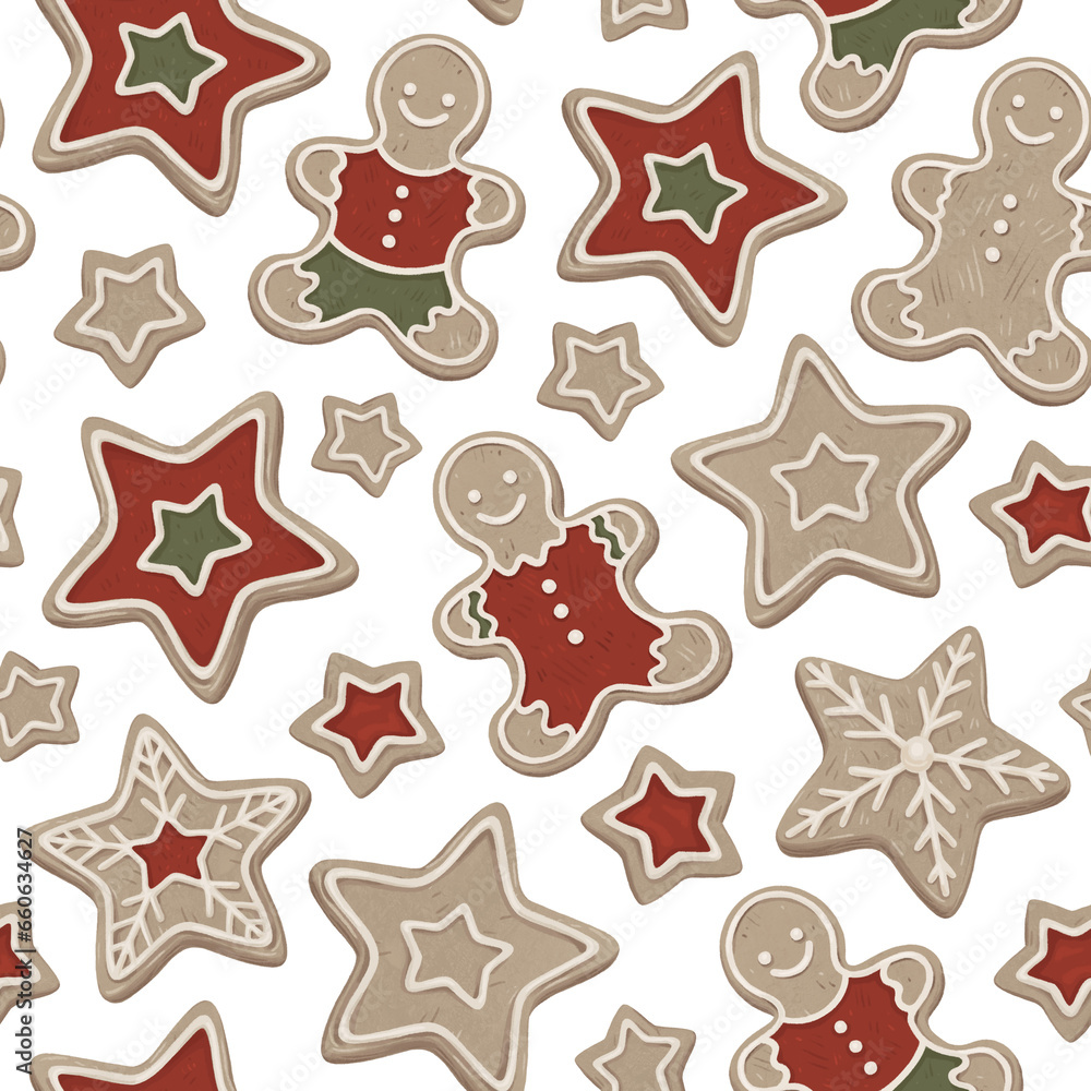 Obraz premium Christmas seamless pattern. Gingerbread Man and star cookies. Perfect for wrapping paper, packaging design, seasonal home textile, greeting cards and other printed goods