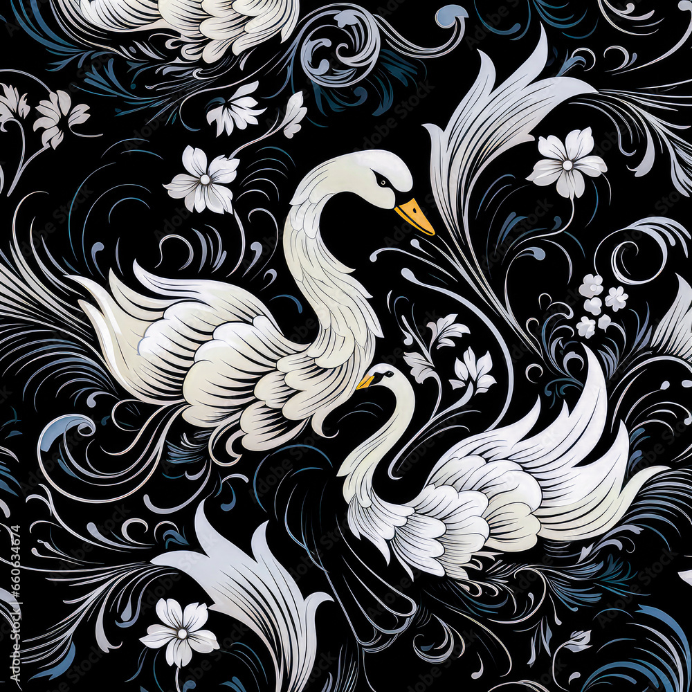 Beautiful nature illustration of a swan in a seamless pattern for modern wallpaper design Beautiful nature illustration of a swan in a seamless pattern for modern wallpaper design