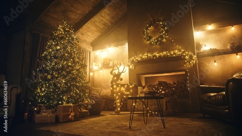 Christmas and New Year interior decoration. Decorated Christmas tree with garlands and balls  boxes  gifts and a deer figurine. Stylish interior of living room with fireplace decorated Christmas tree