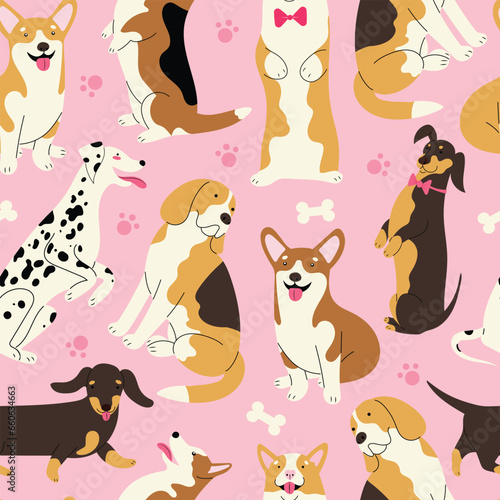 Seamless pattern with different dog breeds, Corgi, Dalmatian, Beagle, Dachshund.