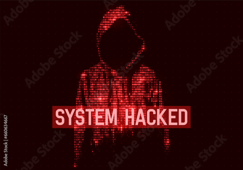 Hacked system or cyber attack. Digital silhouette constructed with binary computer code. Vector illustration.