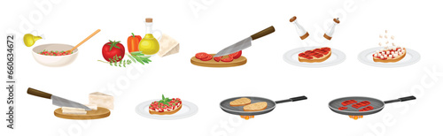 Bruschetta Appetizer Cooking and Preparation Process Vector Set