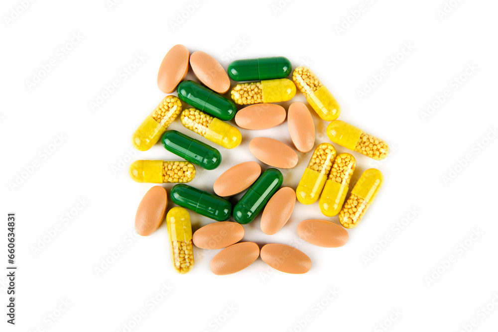 Medications in capsules and tablets isolated on white background. Medications in capsules and tablets isolated on white background.