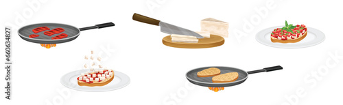 Bruschetta Appetizer Cooking and Preparation Process Vector Set