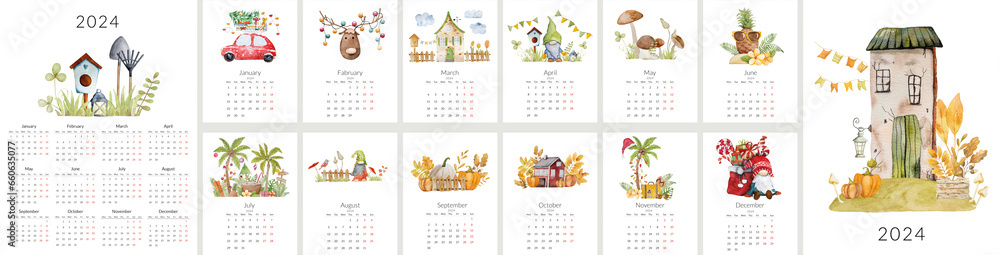2024 calendar template with handmade watercolor illustrations - obrazy, fototapety, plakaty 