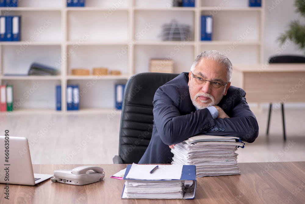 Old male employee working in the office Old male employee working in the office