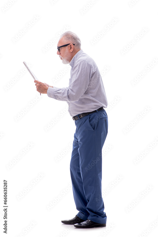 Old businessman reading paper isolated on white Old businessman reading paper isolated on white