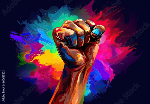 A clenched fist is raised upward. A symbol of protest, rebellion and strength. Fighting and freedom concept. Human arm. Digital art. Illustration for banner, poster, cover, brochure or presentation.