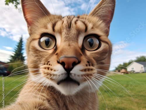 Close-up portrait of a cat. Detailed image of the muzzle. A domestic animal is looking at something. Illustration with distorted fisheye effect. Design for cover, card, postcard, decor or print.