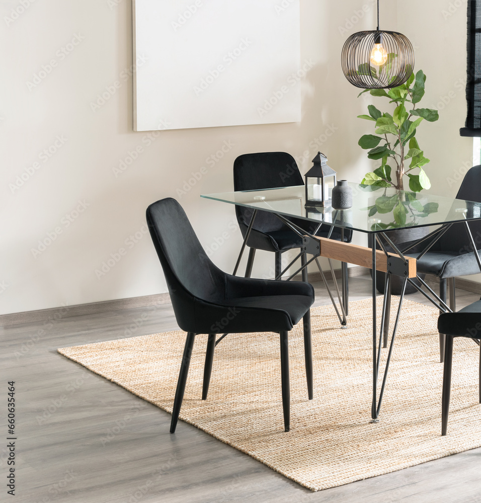 Modern Dining Room with Black Fabric Dining Chairs, Rectangular Glass