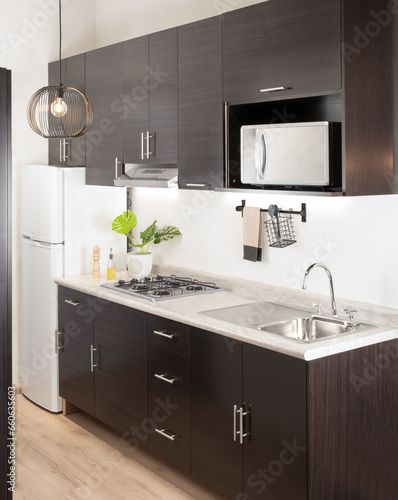 Modern Minimalist Kitchen Break Room Interior for Lunch with Black Melamine Wood Cabinets, Kitchenware Tools, Sink, Stovetop, Burners, Microwave Cabinet, White Refrigerator, and Wooden Flooring.