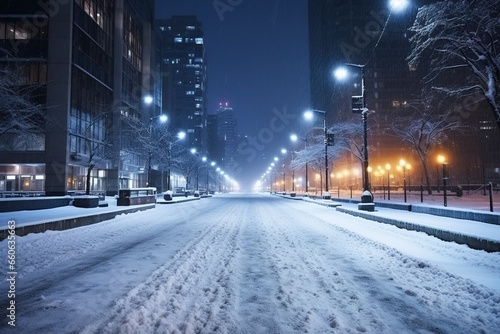 Verschneite und glatte Straße in der Stadt. Großstadt im Schnee bei Nacht. Schneematsch und nicht geräumte Wege. Winter in der Stadt auf den Straßen.