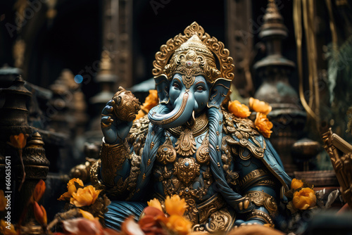 Temple serenity: Sculpture showcasing the divine Ganesha statue in a sacred temple. 