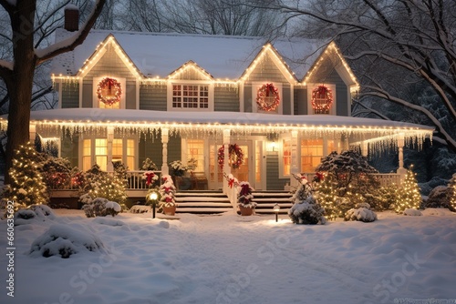 Extreme Weihnachtsbeleuchtung am Haus und im Garten. Romantische und kitschige Weihnachtslichter am Abend im Winter.