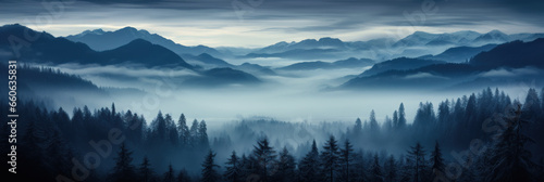Mystical mysterious fog over the forest tops overlooking the mountains at sunset, banner