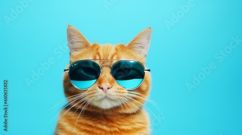 A stylish orange cat wearing sunglasses against a vibrant blue backdrop