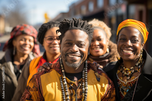 Joyful friends bond in urban setting, exuding warmth and unity in vibrant, traditional African attire.