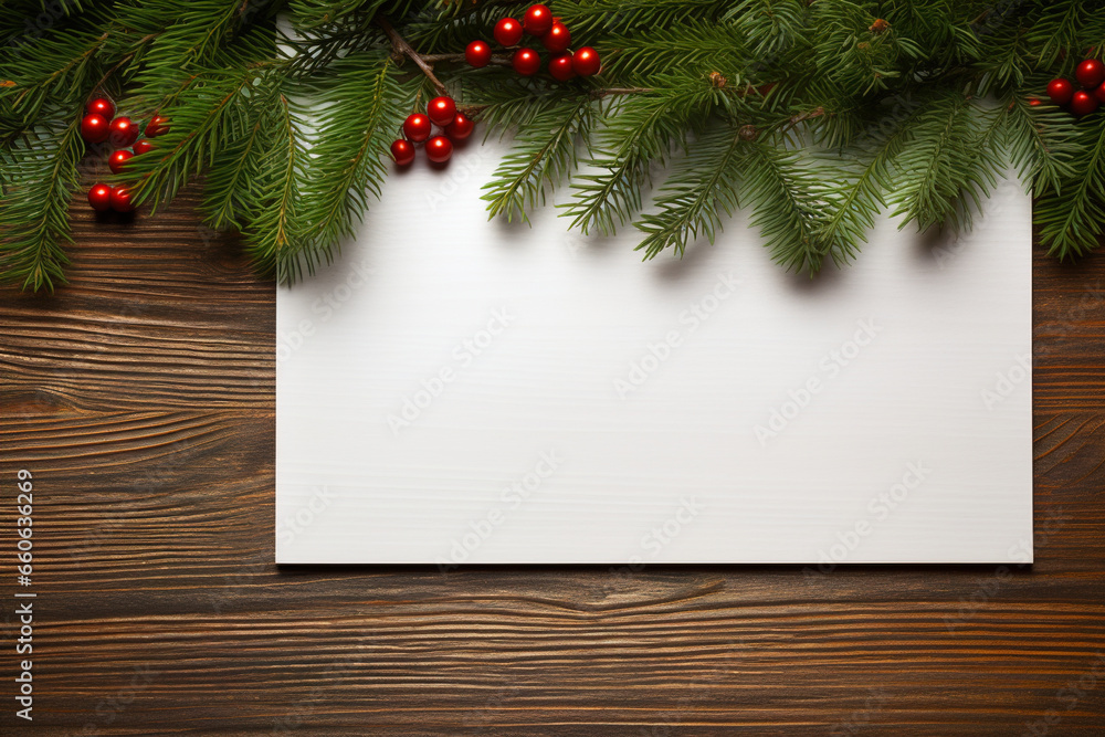 Top view of a blank greeting card lying on a rustic wooden surface surrounded by fir branches. Top view of a blank greeting card lying on a rustic wooden surface surrounded by fir branches.