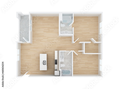 Two bedroom apartment 3D illustration. Floor plan top view isolated on white background. New floor plan with no furniture.