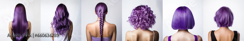 Various haircuts for woman with purple dyed color hair - long straight, wavy, braided ponytail, small perm, bobcut and short hairs. View from behind on white background. Generative AI