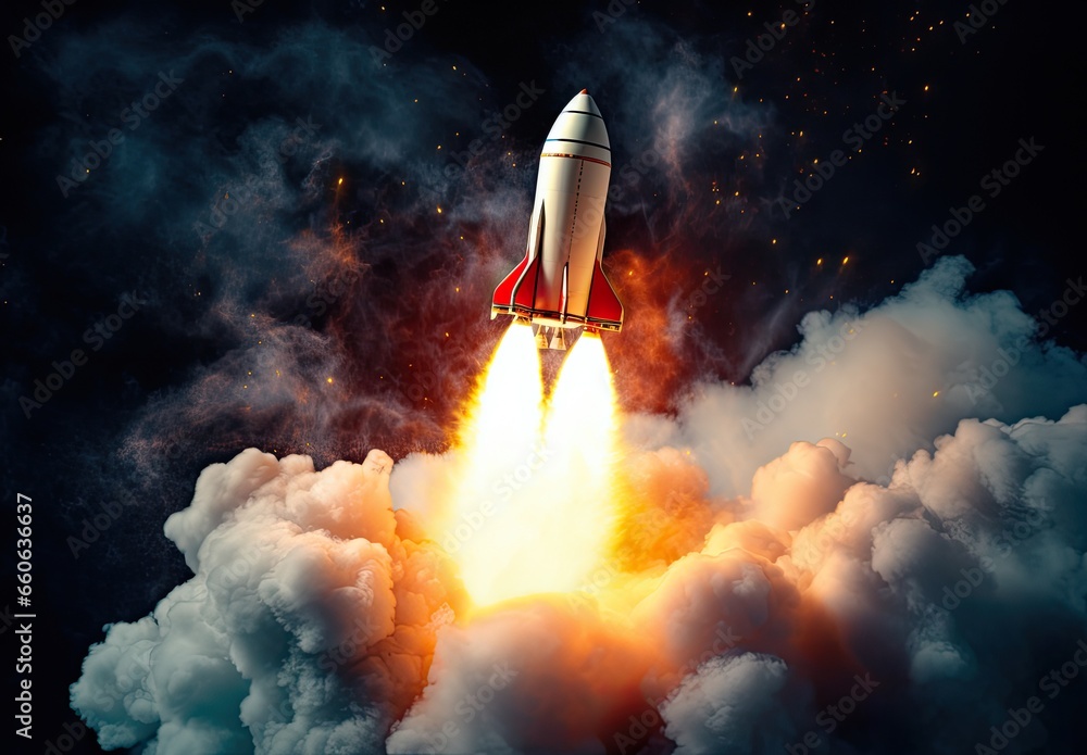A spaceship takes off into the night sky. Launching or landing of a spaceship rocket. Launch concept. Illustration for banner, poster, cover, brochure or presentation.