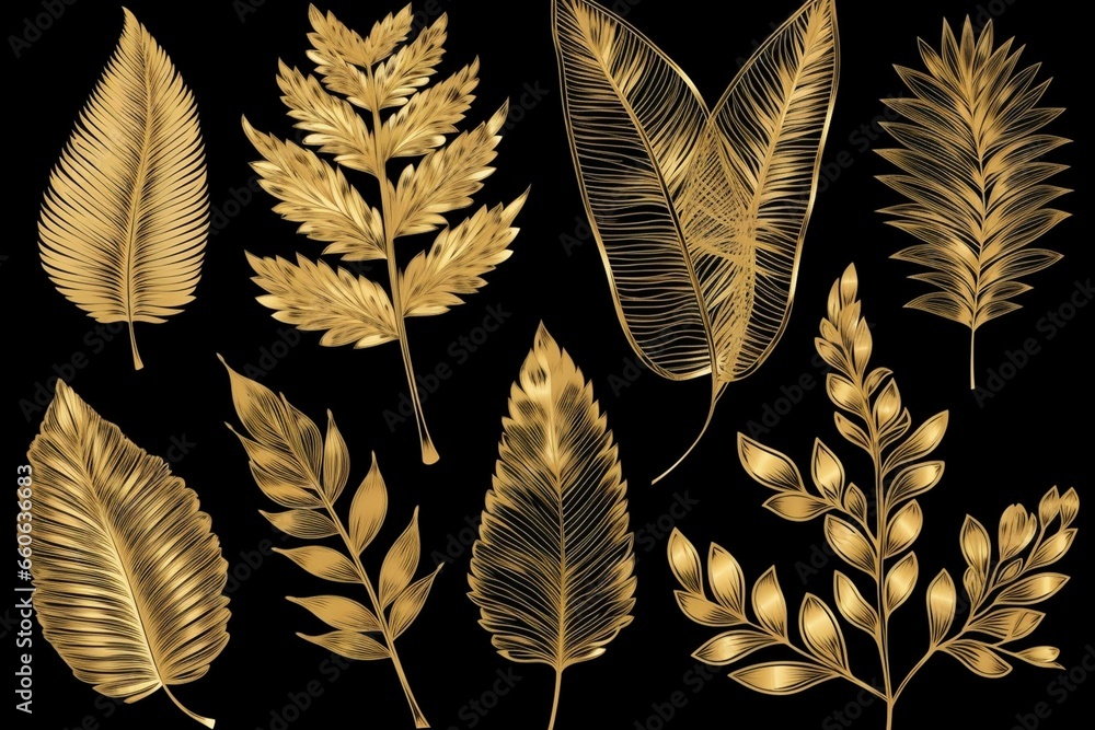 Gold doodle leaf, coconut leaf. Generative AI - obrazy, fototapety, plakaty 